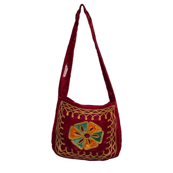 Vintage Velvet Handmade Red Embroidered Cotton Shoulder Bag With Floral Design - Picture 1 of 8